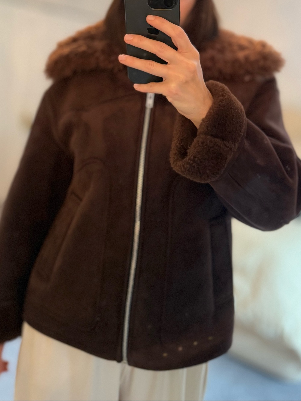 Mango Dark Brown Teddy Shearling Zip Jacket